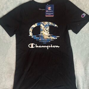 Champion Black Tee with Blue and White Logo